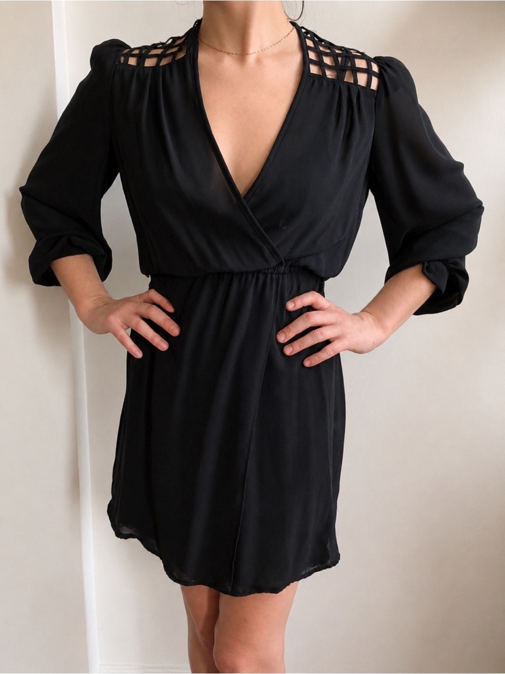 Vintage Black Sheer V Neck Backless Mini Dress Caged Style Lattice Open Back S - Picture 12 of 16